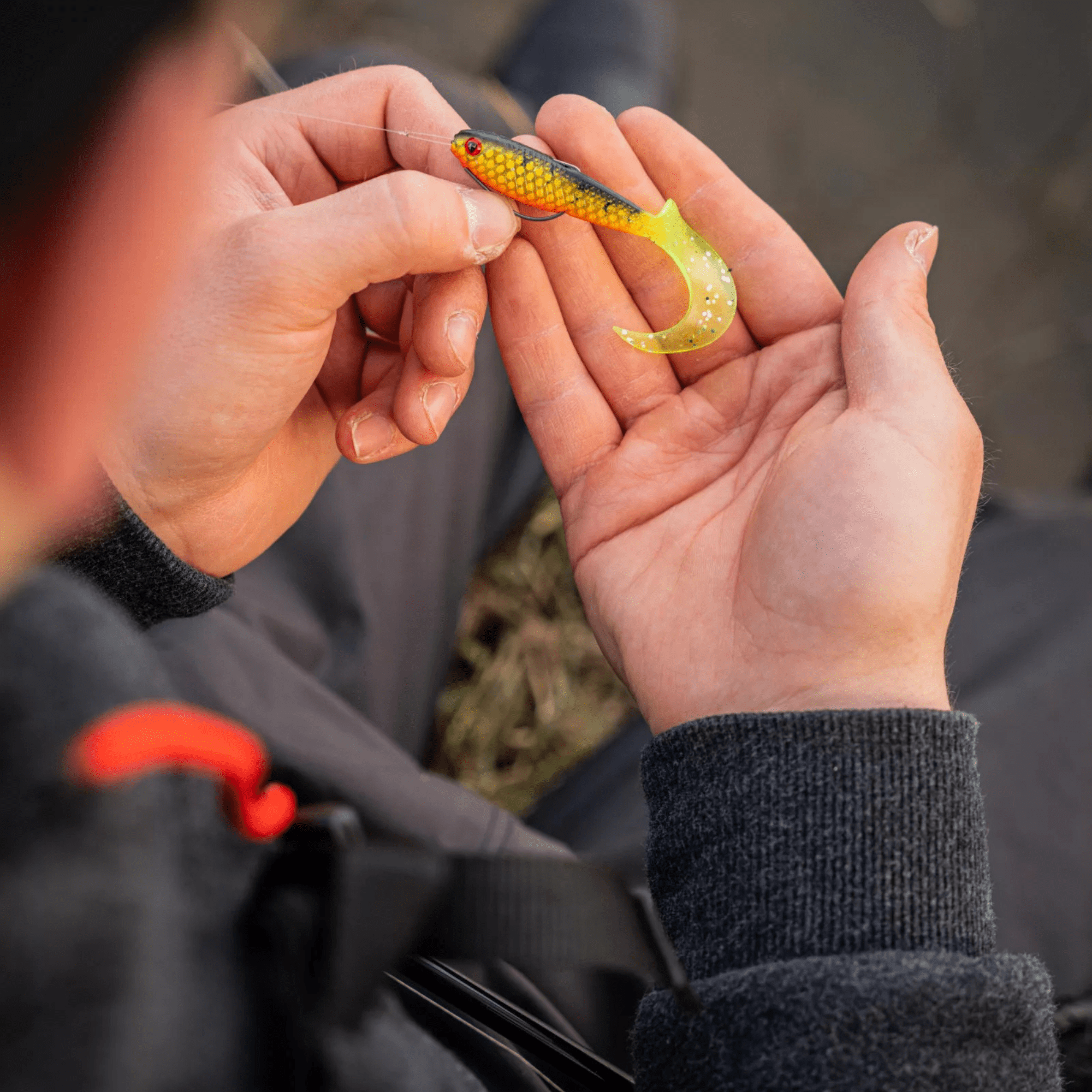 lure, soft plastic, jig lure, fishing bait, orange-yellow color