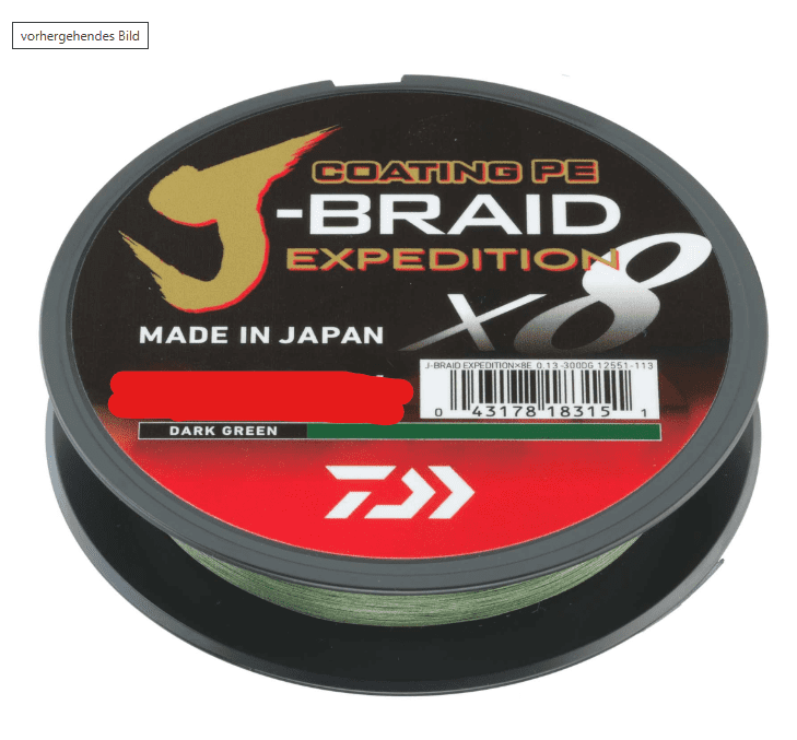 Daiwa J-Braid Expedition X8E 0,10mm 6,9kg 300m Dark Green, geflochtene Angelschnur, PE-Schnur, dunkelgrün, Fischereischnur
