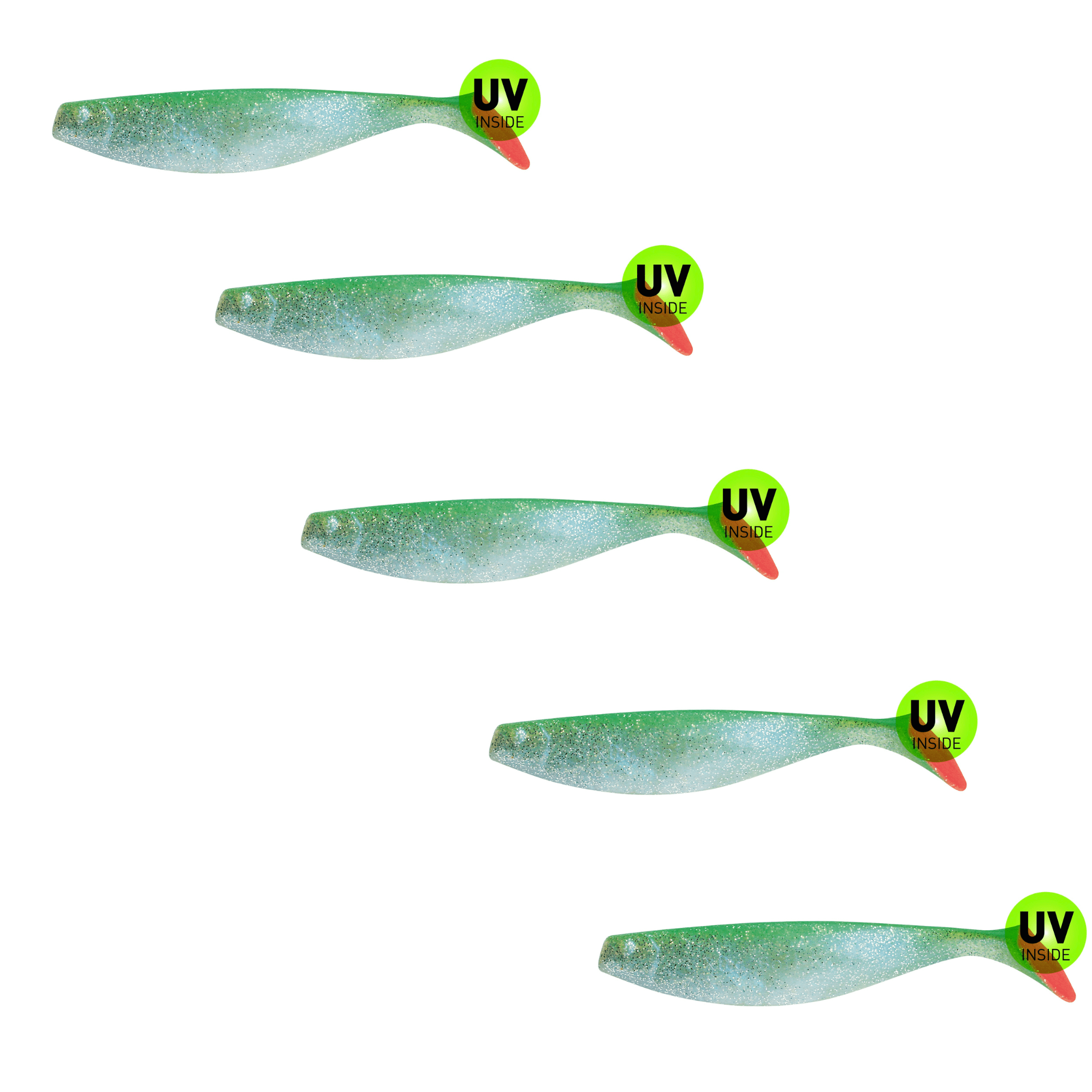 SX Relax Xtra Soft 18cm (7") Blauperl Glitter / Grün 5 Stück – Bild 2, weiches Kunststoff-Lure, grüner Glitzer, Swimbait, Ultraviolett-Lure, Angelfährte