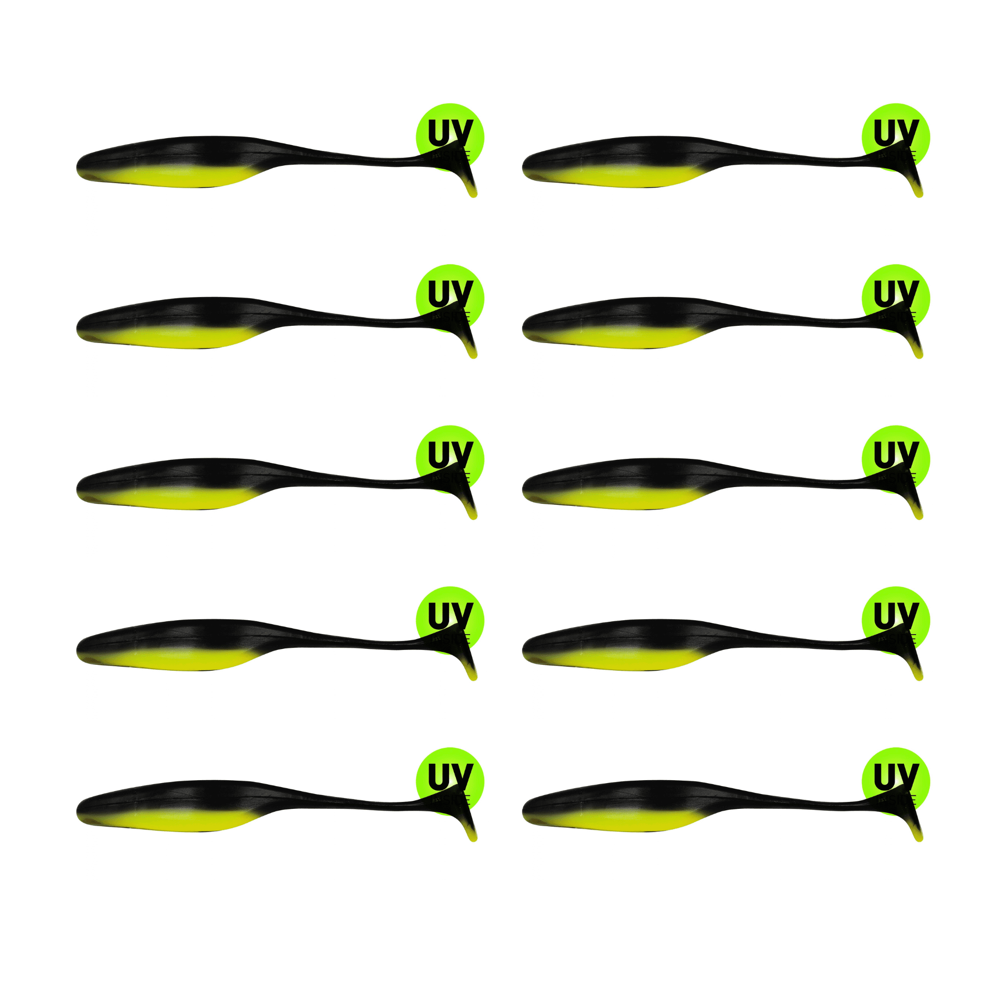 SX Swimming Jerk Minnow 13cm (5") Fluogelb / Schwarz 10 Stück – Bild 2, soft plastic lure, fischköder, topwater-köder, schwarz-gelb, UV-Aufkleber