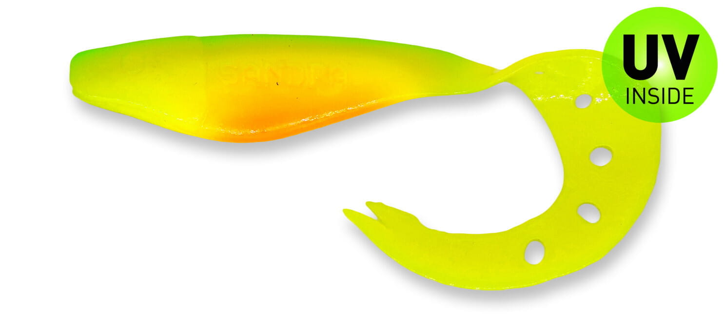 Gummifisch, Köder, Angelköder, Neon Gelb, UV Inside