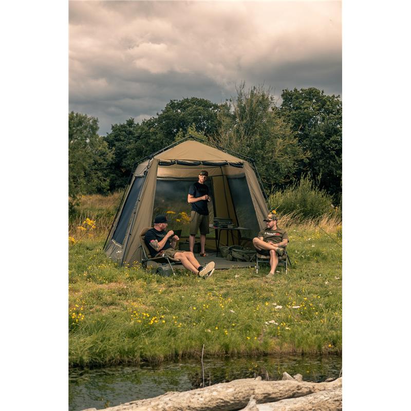  camping tent, Outdoor scene, Camping gear, People sitting, Lake nearby