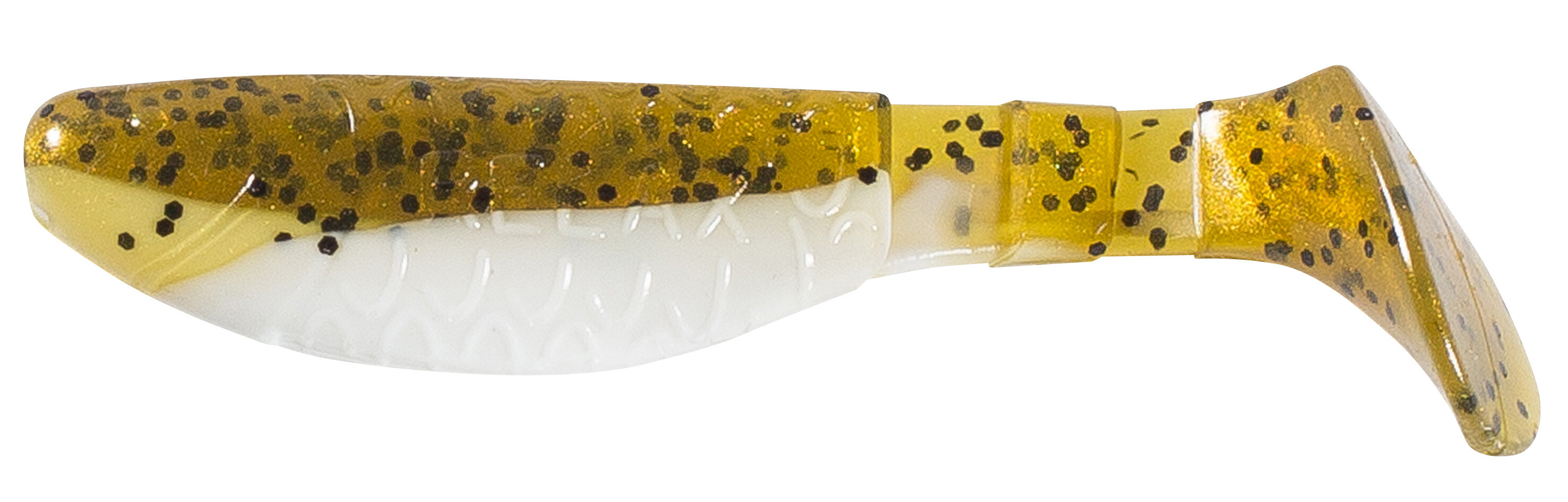 SX Relax Kopyto Classic 8cm (3") Reinweiß Olivebraun Glitter 10 Stück, weicher Kunststoff-Lug, Softbait, Glitzer, Zweifarbig, gekrümmter Schwanz
