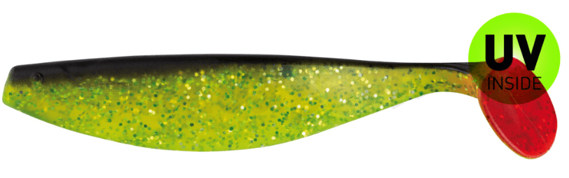 soft-plastic lure, swimbait, glitter, gelb-grün, Schwanzkielchen