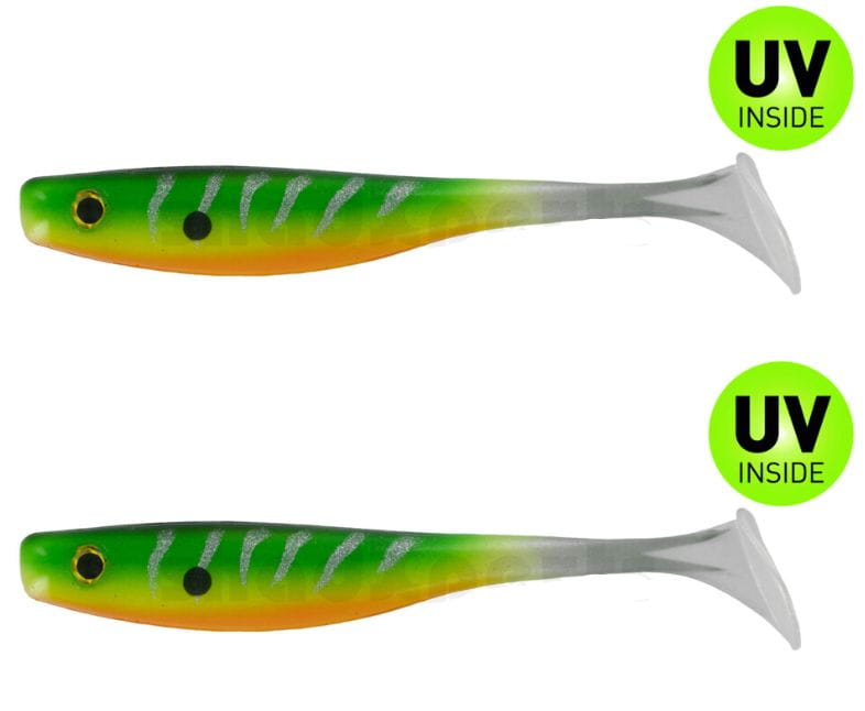 weiches Kunststoff-Spinner, Angellöffel?, grüner-oranger Köder, gestreiftes Muster, UV-Innenlicht