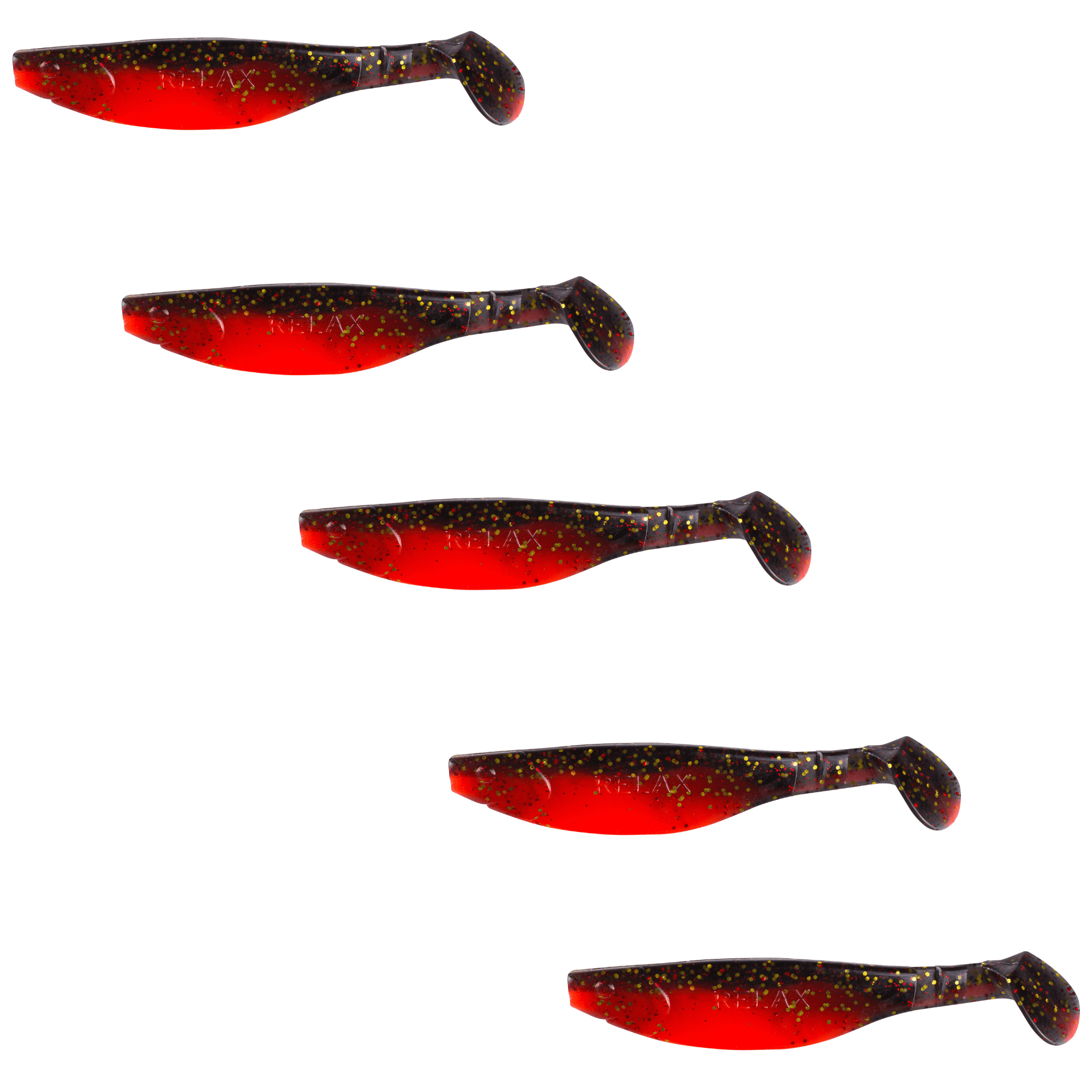 Relax Kopyto River 13cm (5") Feuerrot / Schwarz Gold Glitter 5 Stück – Bild 2, weicher Kunststoffköder, Angellur, Gummikelp, rot-schwarz mit Flecken, Softbait