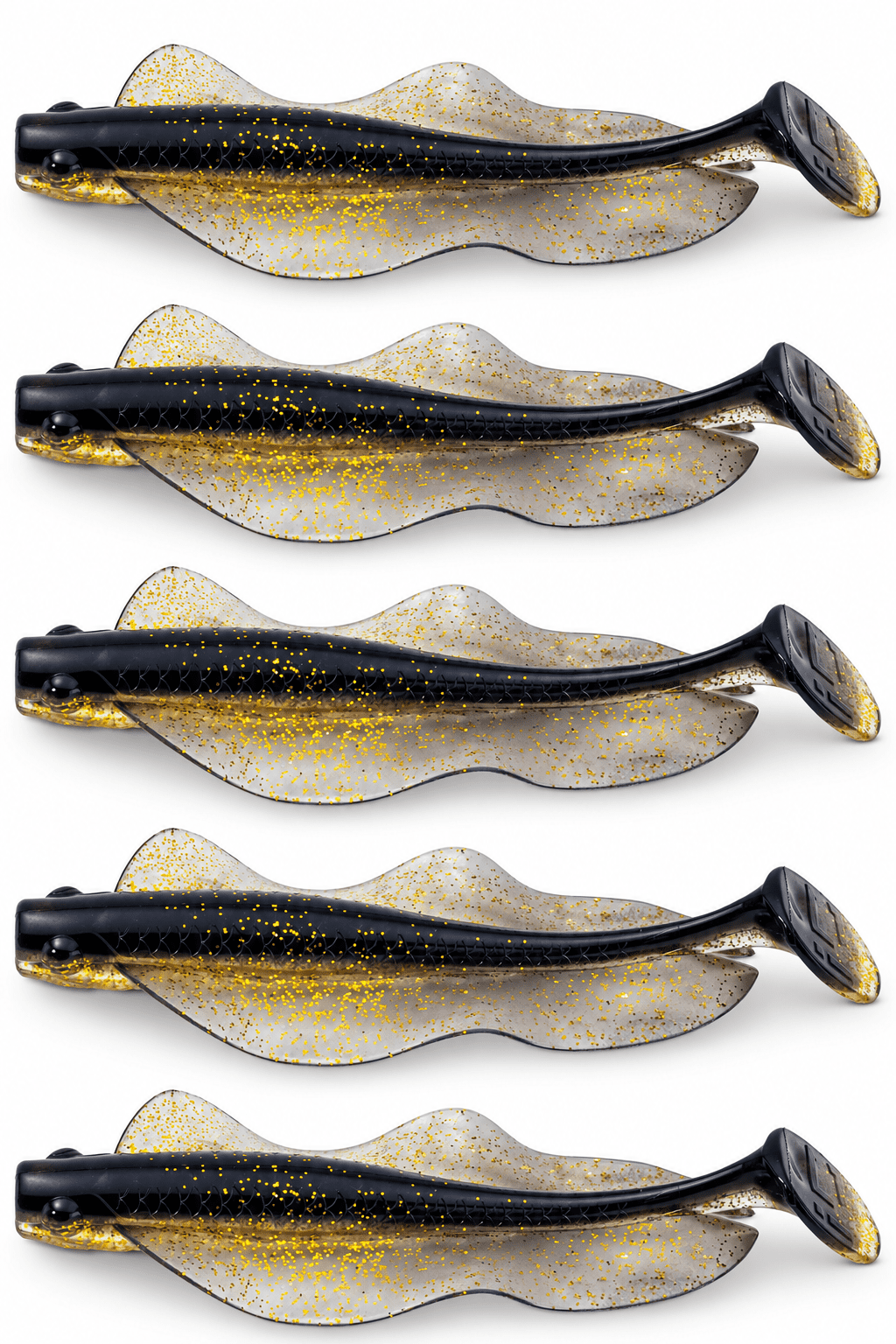Iron Claw Wave Glider 10cm Goolden Nugget 5 Stück, Angelk5der, Gummik5der, Schwarz-gold, Glitzer, Paddelschwanz