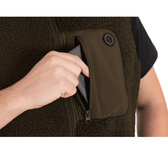 waistcoat pocket, zip pocket, fleece vest, brown vest, phone pocket