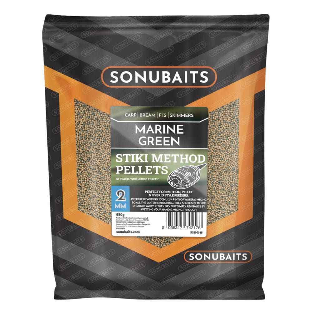 Sonubaits Stiki Marine Green Method Pellets 2mm 650g Visitenkarte, Papier, Text, Essen, Produzieren