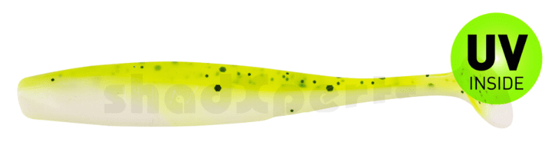 soft plastic lure, bait worm, neon yellow, green speckles, UV inside