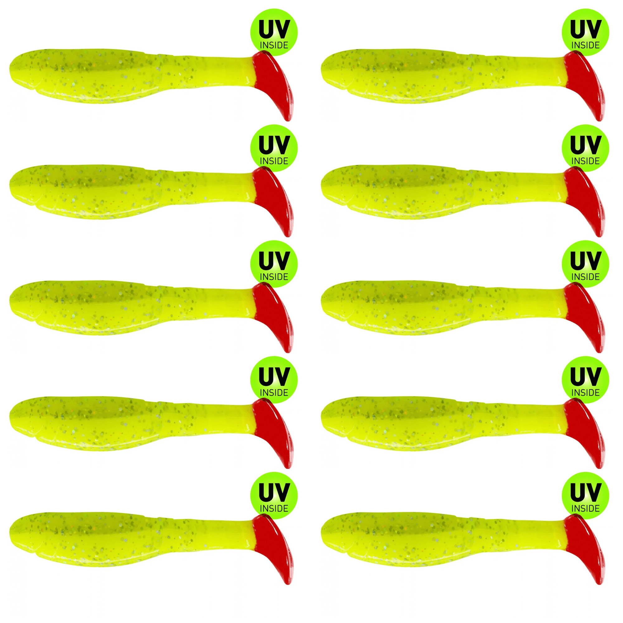 SX Relax Kopyto Classic 8cm (3") Fluogelb / Fluogrün / Glitter Red Tail 10 Stück – Bild 2, Gummiköder, Köder, Angeln, Gummiwurm, Neongelb
