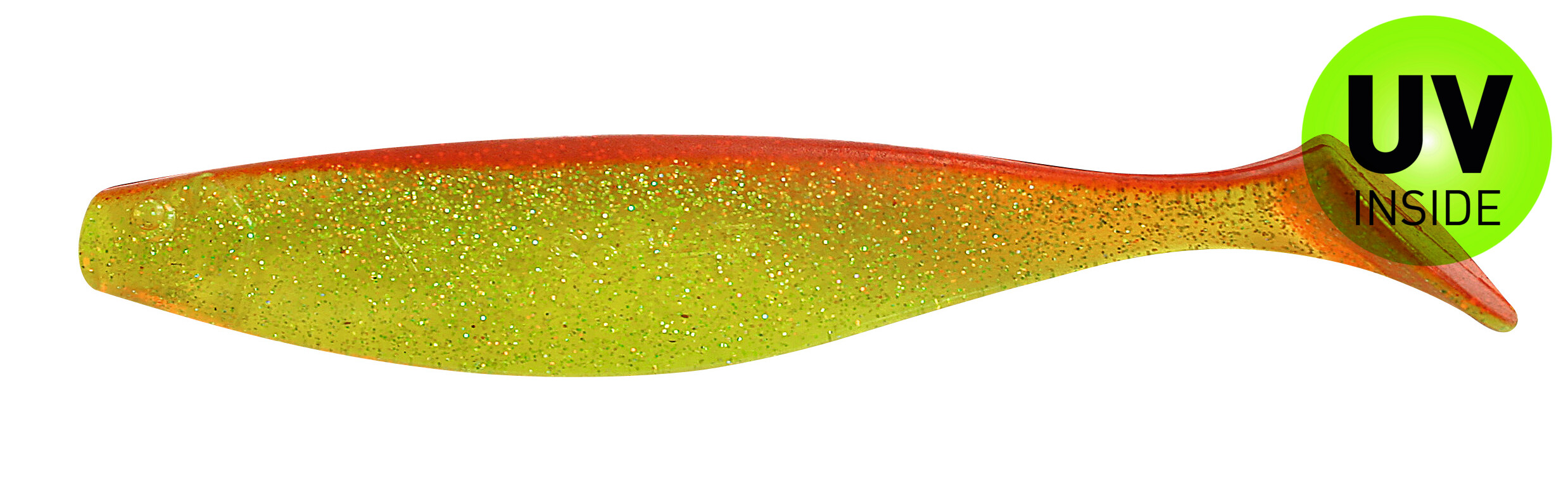 SX Relax Xtra Soft 18cm (7") Grün (Chartreuse)-Glitter / Rot 5 Stück, weicher Plastikköder, Glitter, Angellure, Schwimmender Köder, orange-gelber Verlauf