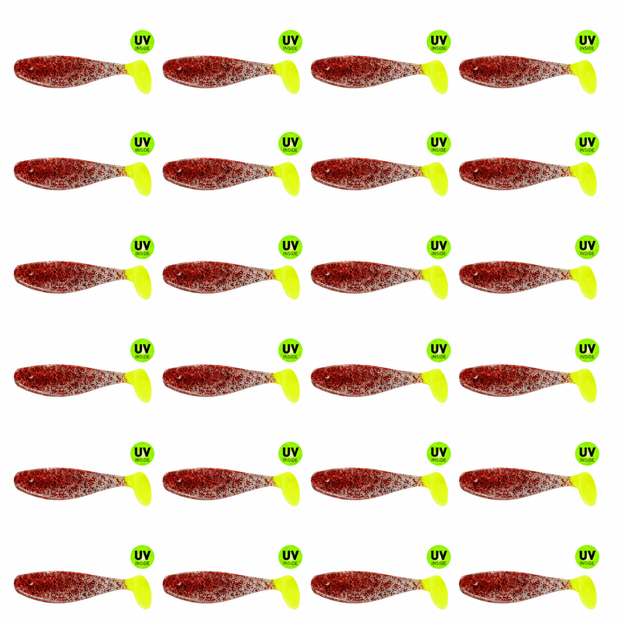 soft lure, fishing lure, red speckled, bright yellow tail, UV inside