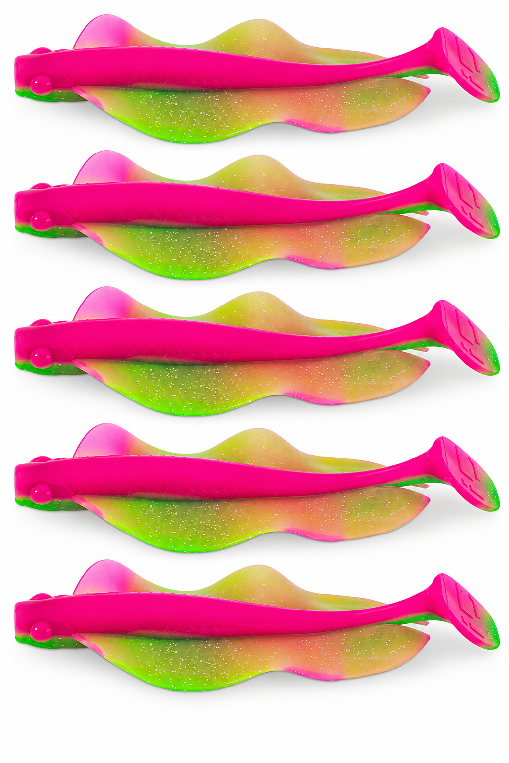 Iron Claw Wave Glider 10cm Watermelon 5 Stück, Gummiköder, Angelköder, Paddelschwanz, Pink-grün, Glitzer