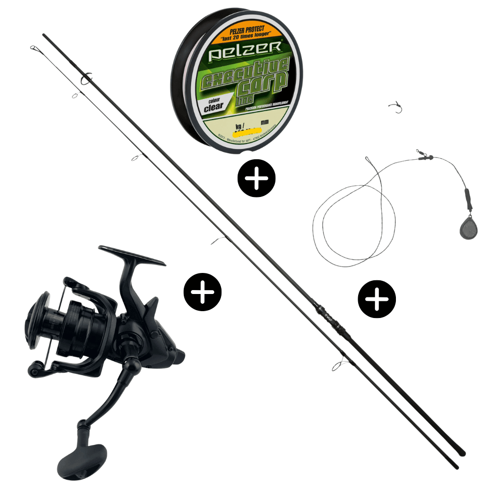 Deluxe Set Completo per Carpe Wolf X3K 12ft 3lbs + Daiwa 22 Emblem BR 10000 Mulinello a frizione libera + Pelzer Executive Line 0,28mm 8kg 400m + GoFish Chod Rig 40g Rolle, Angler, Draußen, Person, Wasser