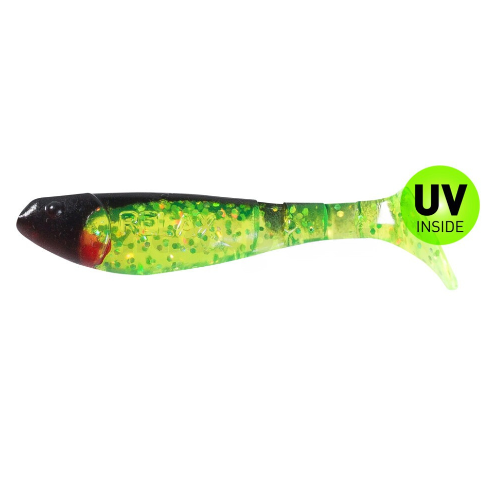 Gummifisch, Softbait, Grün transluzent, UV-Innen, Glitter