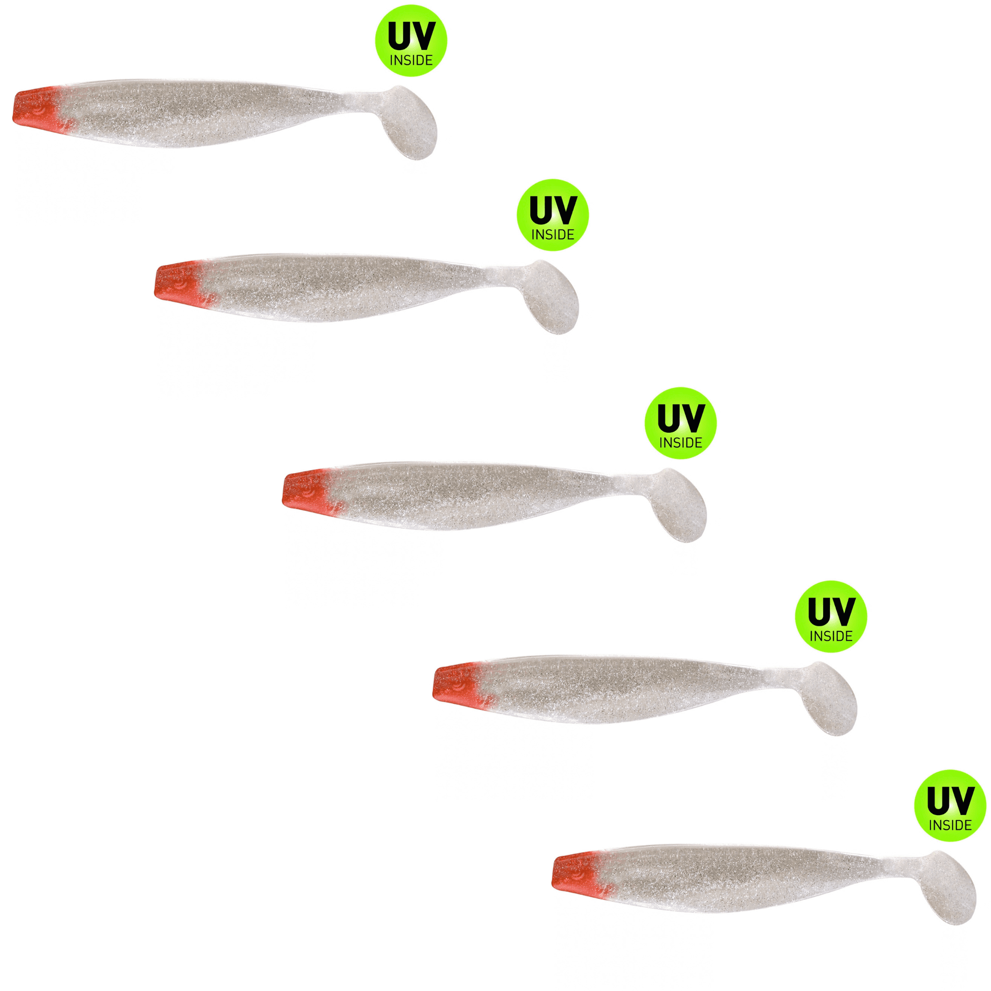 SX Relax Xtra Soft 18cm (7") Klar Silber Glitter / Red Head 5 Stück – Bild 2, Gummifisch, Softbait, Körperfarbe Hellgrau, Rote Spitze, UV Inside