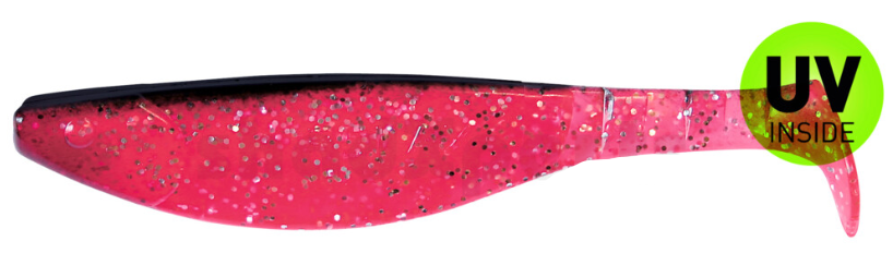 soft-plastic lure, pink color, glitter pattern, UV inside, squid-y shad