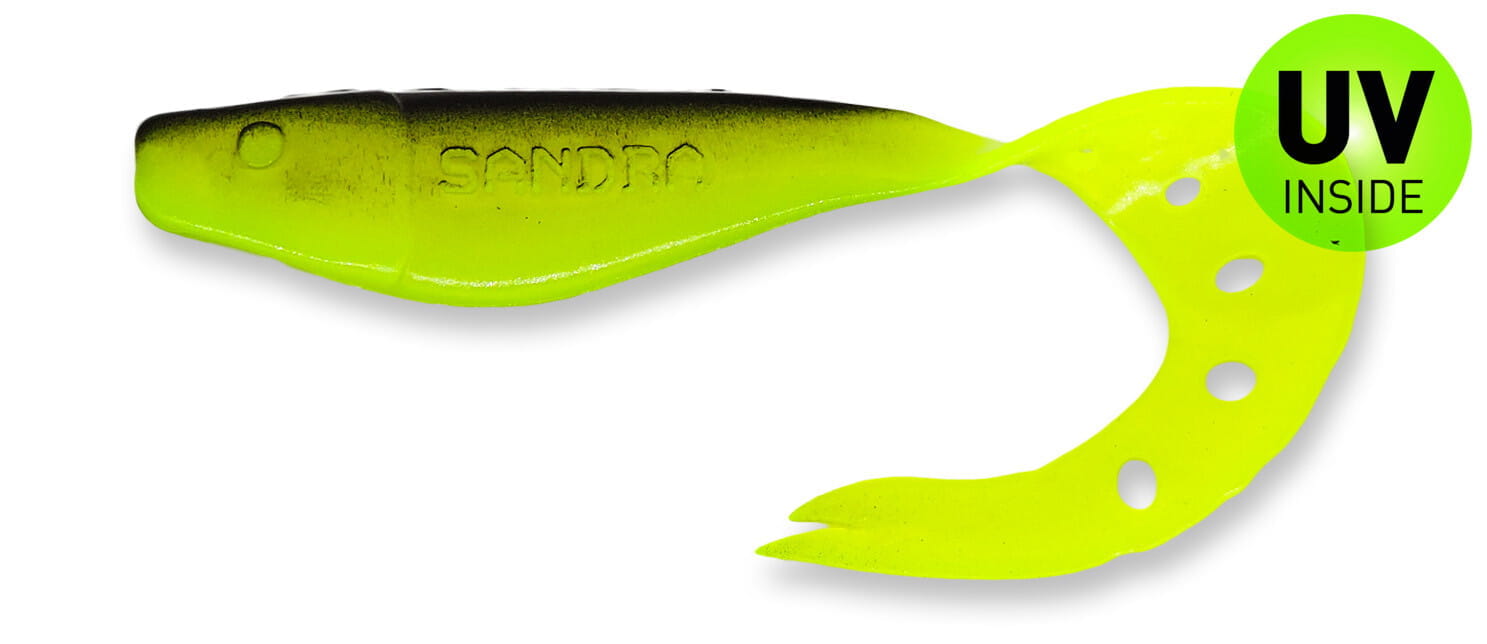 Gummifliegen, Köder, Neon gelb, UV-Inside, Hakenlosse
