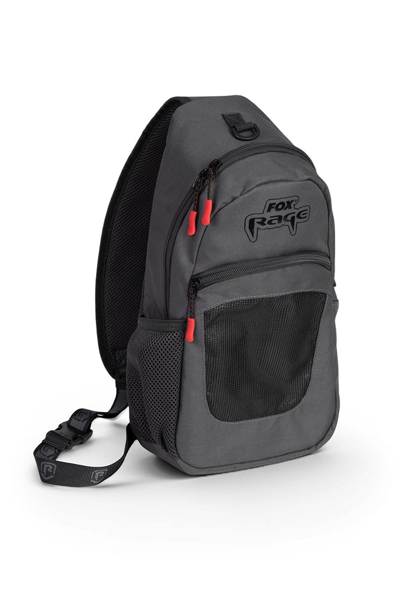 Fox Rage Single Strap Rucksack – Bild 3, Rucksack, Grau, Nylonstoff, Netzfach, Rote Reißverschlussanhänger