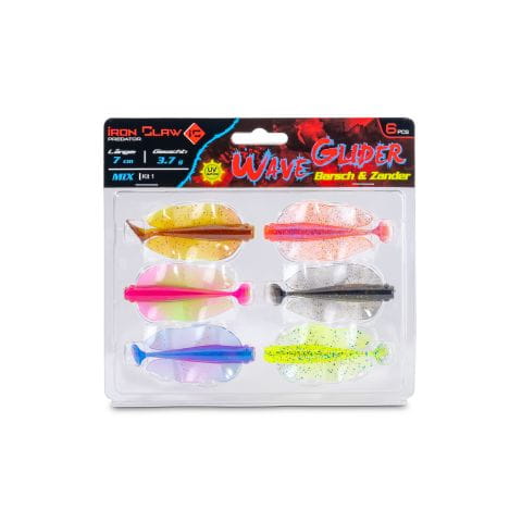 Iron Claw Barsch & Zander Wave Glider Mix Kit 1 / 7cm 6 Stück, Softbait, Gummiköder, Angeln, Mehrfarbig, 6er-Set
