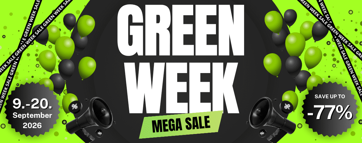 größes banner, green week, mega sale, ballons, anzeige prozentsatz
