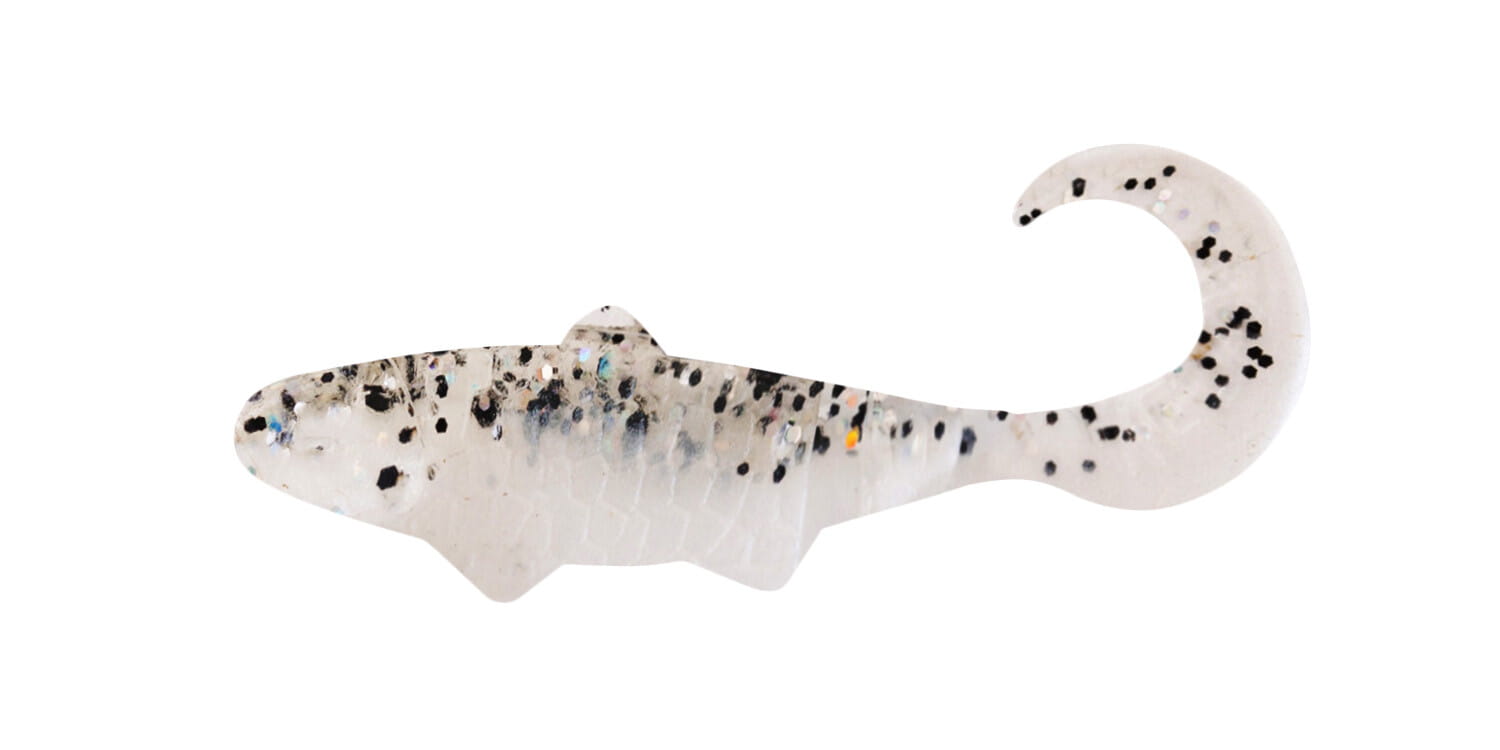 SX Relax Banjo Twister 5cm (2") Perlweiß Klar Salt'n Pepper Glitter 10 Stück, soft lure, Kunststoff-Bait, weiß mit schwarzen Tupfen, Schwimmköder, gekrümmter Schwanz