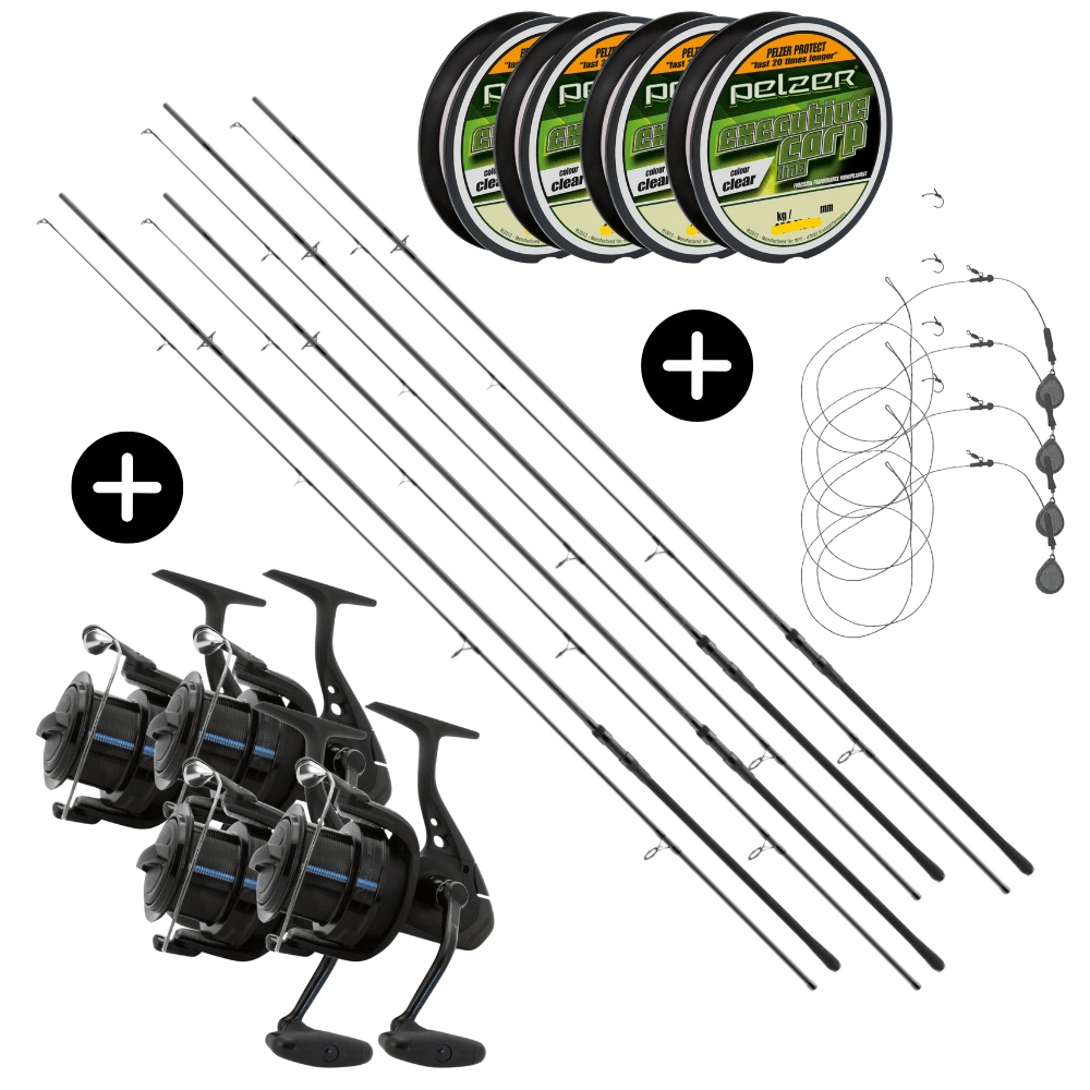 Daiwa Karpfen-Komplett-Set 4x Black Widow XT Carp 12ft 3lbs + 4x Okuma Interceptor Carp IT-60 + 4x Pelzer Executive Line 0,328mm 8kg 400m + 4x GoFish Chod Rig 40g Maschine, Sprach, Rolle