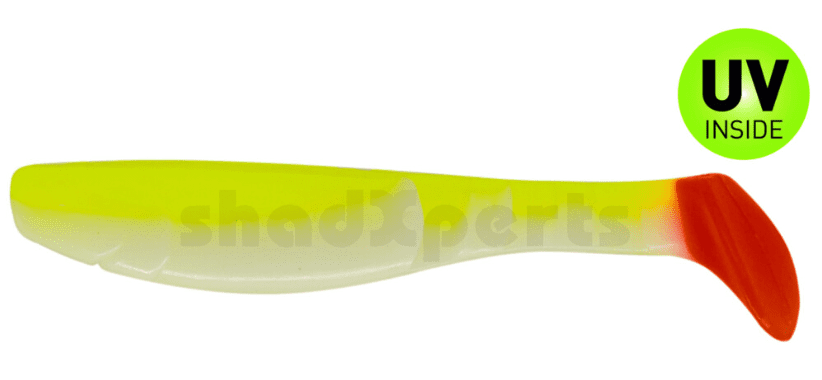 Softes Plastikköder, Schwimmkunstköder, Farbverlauf, Neon Gelb, Roter Schwanz