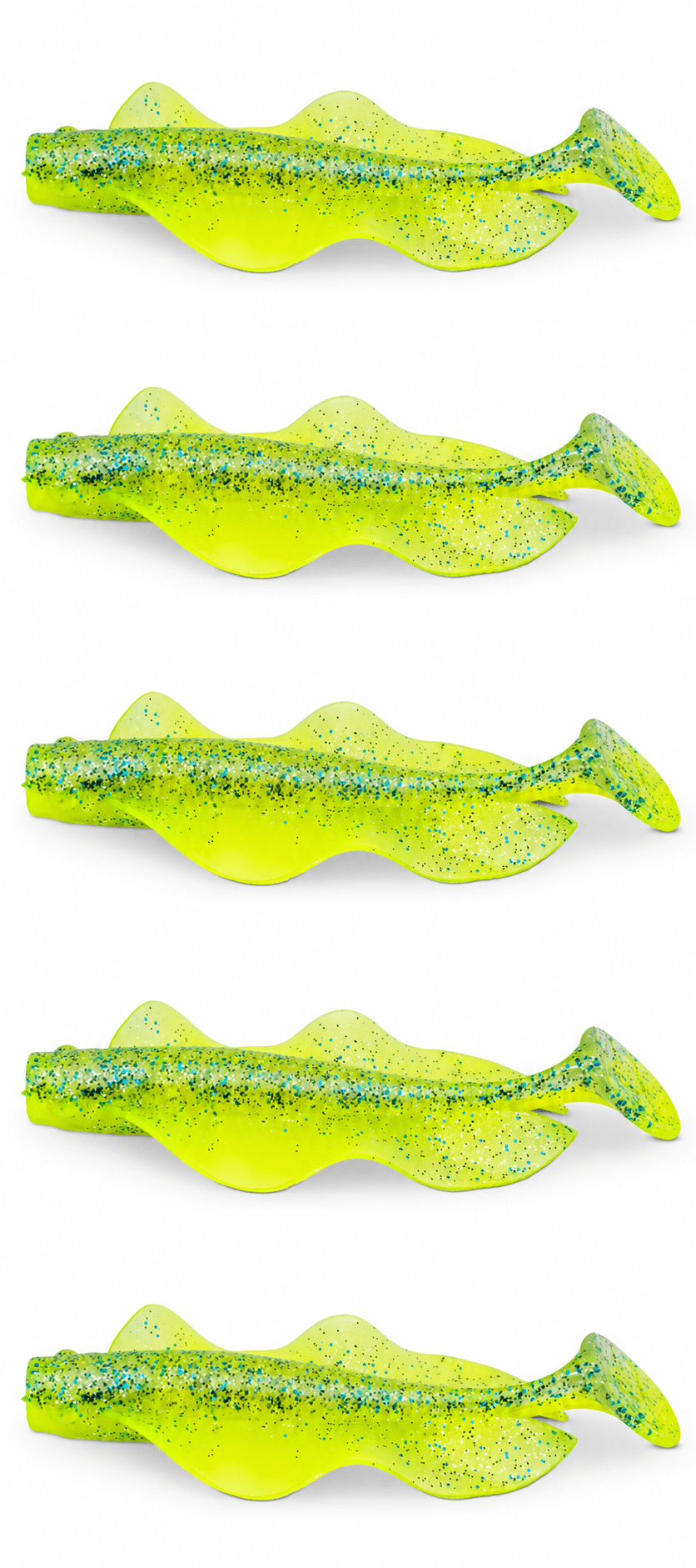 Iron Claw Wave Glider 10cm Blue Flake Lemon, Ang Gummiköder, Neongelb, Glitzer, Fischform, Paddelschwanz