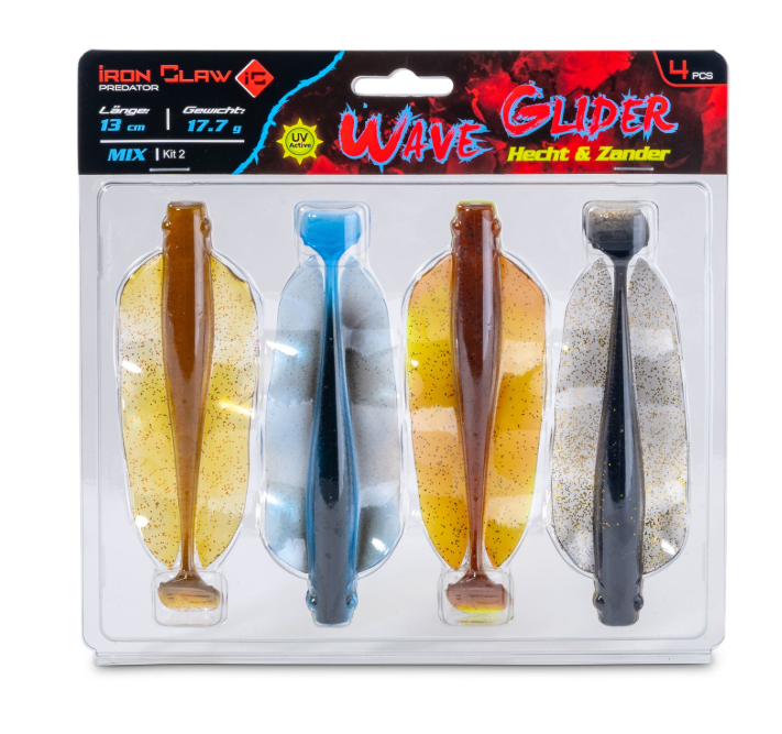 Iron Claw Wave Glider Mix Kit 2 13cm  – Bild 2, Angelköder, Gummifische, Hechtköder, Zanderköder, Glitzerfarben