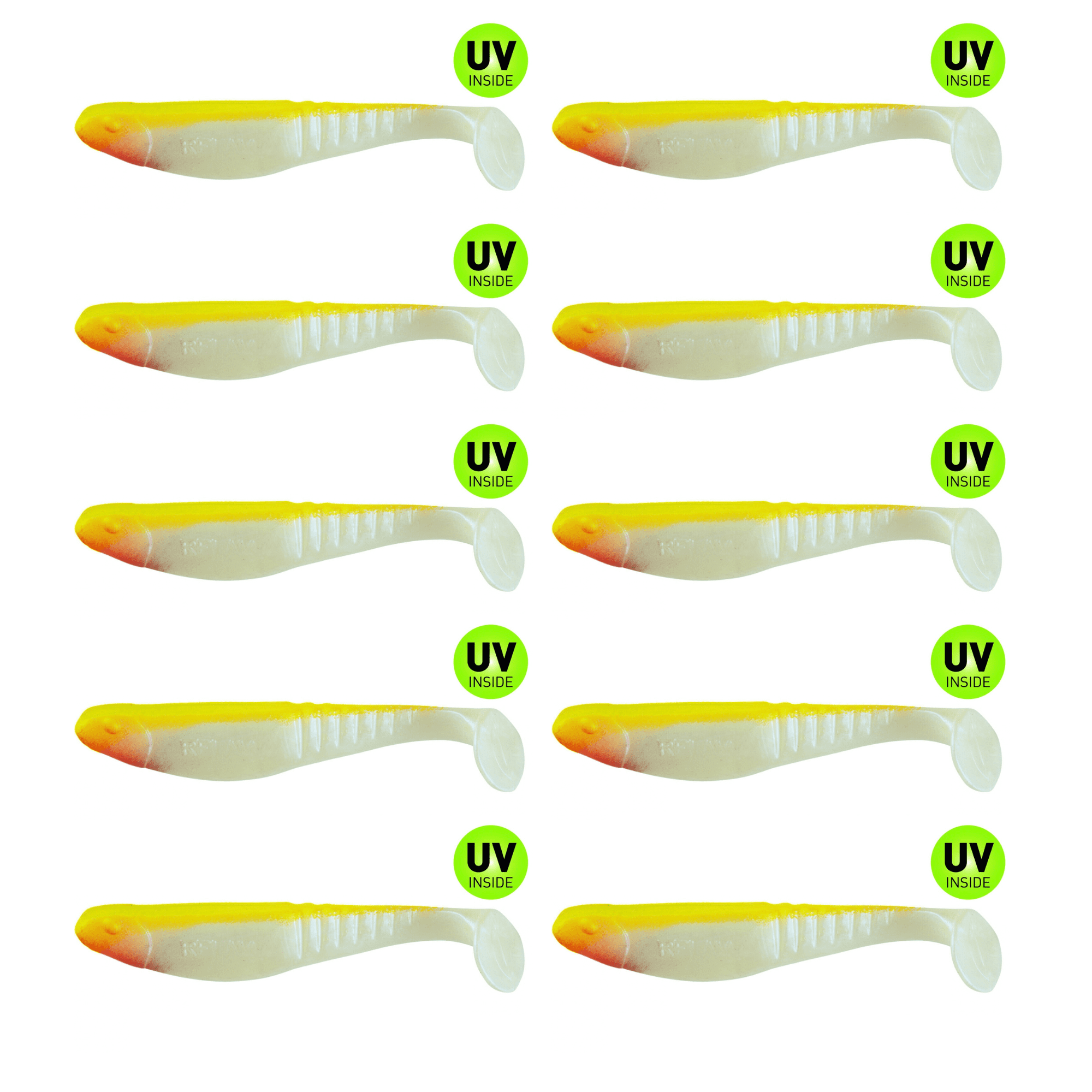 SX Relax Shark 11 cm (4") Blauperl / Fluogelb 10 Stück – Bild 2, soft plaste lure, fishing lure, swimbait, gelb weiß, UV Inside