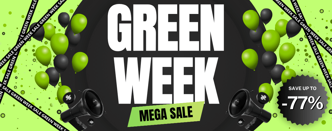 Green Week, Mega Sale, balloons, black speaker, lime green