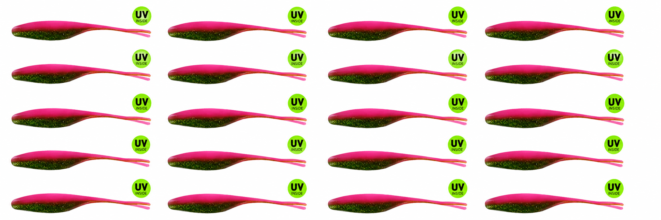 soft plastic lure, fishing lure, pink green, UV sticker, glitterized tail