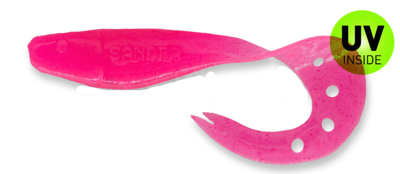 softbait, fishing lure, pink, UV inside, curved tail