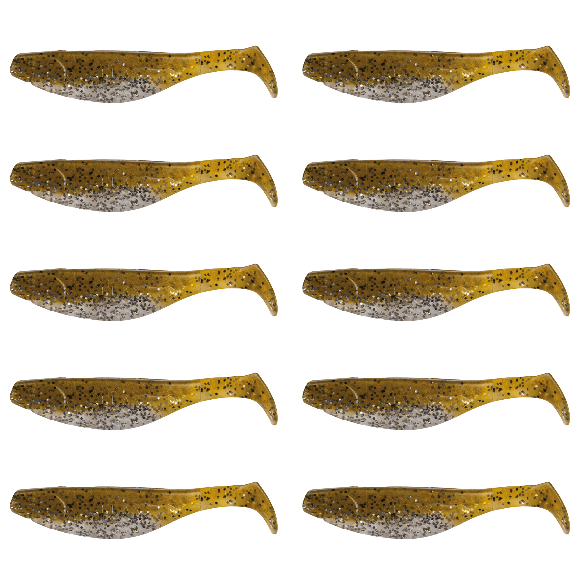 Relax Kopyto River 11m (4") Klar Silber Glitter / Olivebraun Glitter 10 Stück – Bild 2, weicher Kunststoffköder, Swimbait, Goldbraun, Punktmuster, Schwanzgesteuert