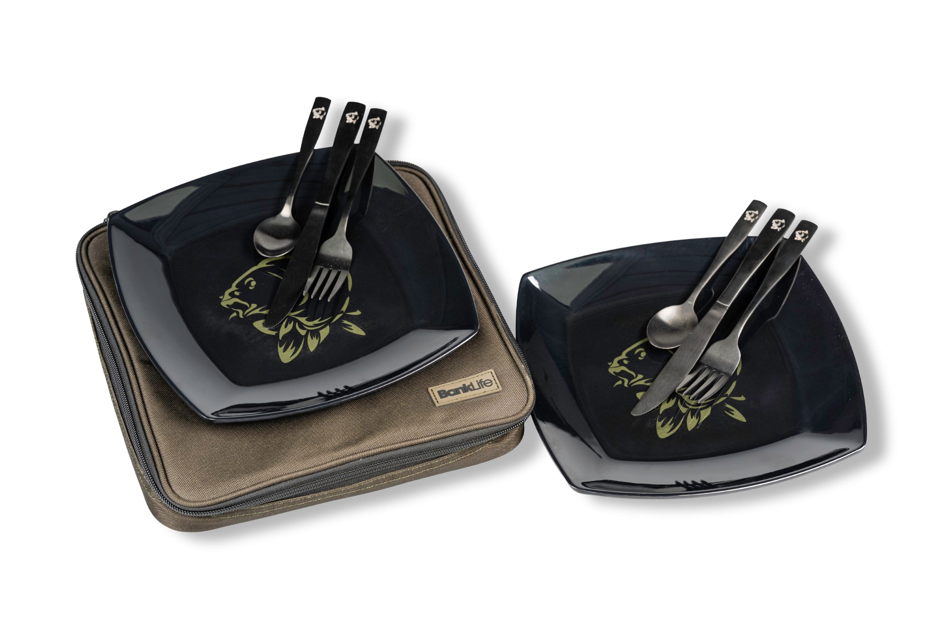 Teller-Set, Schalen, Besteck, Schwarz, Geschirrset