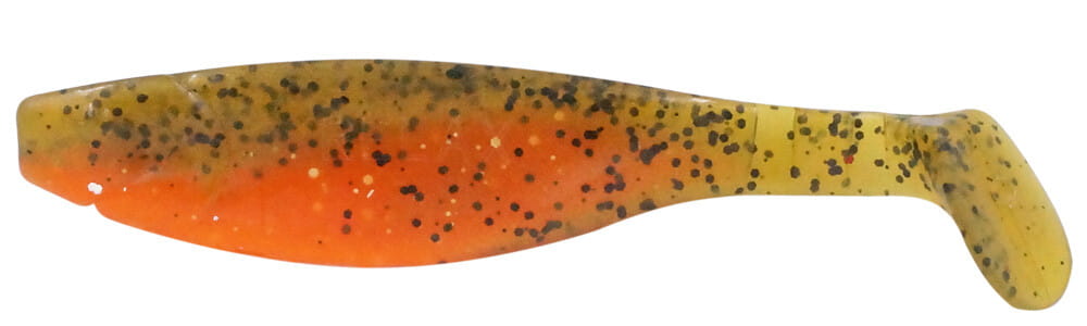 Relax Kopyto River 11cm (4") Orange Glitter / Olivebraun Glitter 10 Stück, Gummi Bait, Soft Plastic, Roter Orange, Schwarze Punkte, Schwanzform