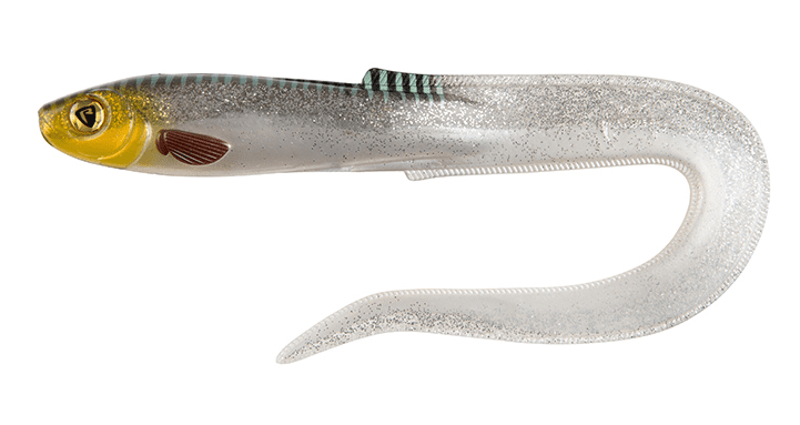 Fox Rage Slick Eel 42cm Silver Halo, Angelköder, Gummiköder, Fischform, Glitzernd, Gelber Kopf