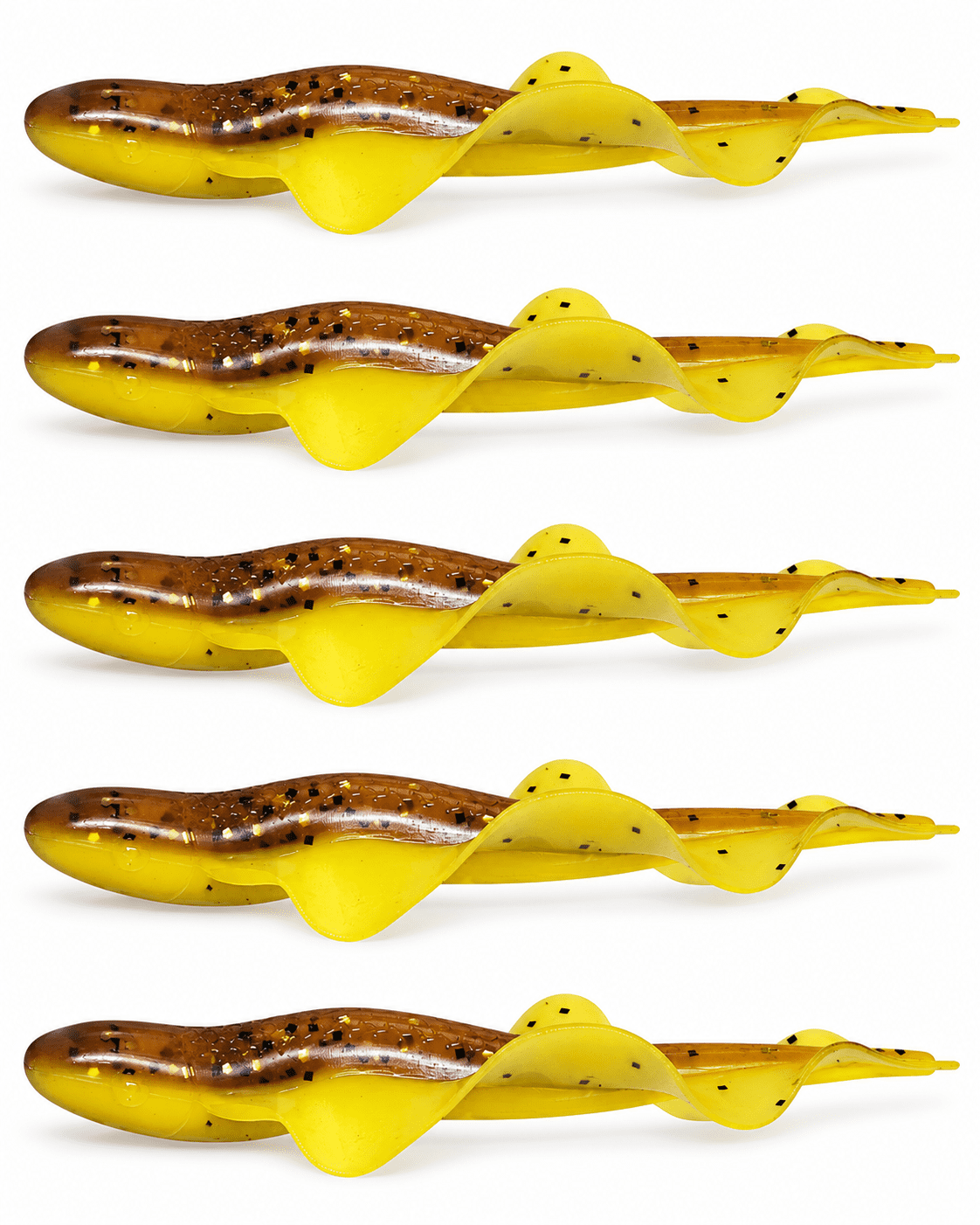 SX Wing Shad 8,5cm Gelb Glitter 5 Stück, worm lure, soft plastic, yellow with brown, spinner tail, fishing lure