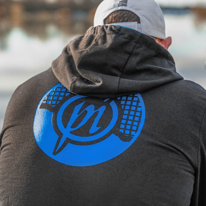 hoodie, hooded sweatshirt, back logo, blue graphic, black fabric