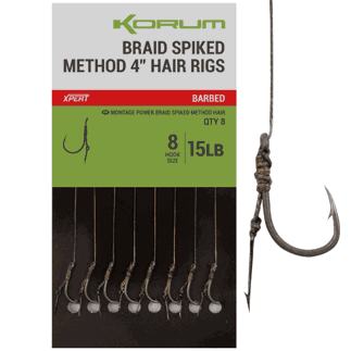 Korum Braid Method Hair Rigs 4" 15lbs Gr 8 Barbed, braid hooks, hair rigs, fishing tackle, hook size 8, 15lb test