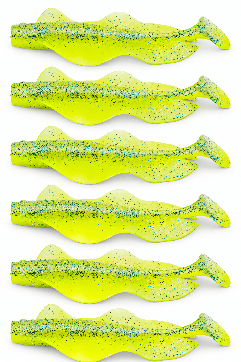 Iron Claw Barsch & Zander Wave Glider 7cm Blue Flake Lemon 6 Stück, Gummiköder, Angelköder, Neongelb, Glitzer, Paddelschwanz