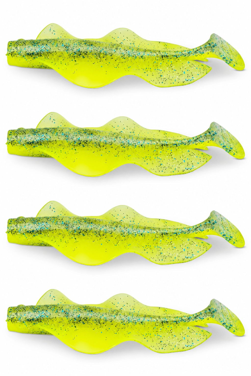 Iron Claw Hecht & Zander Wave Glider 13cm Blue Flake Lemon 4 Stück, Gummiköder, Anglerköder, Neongelb, Glitzer, Twisterschwanz