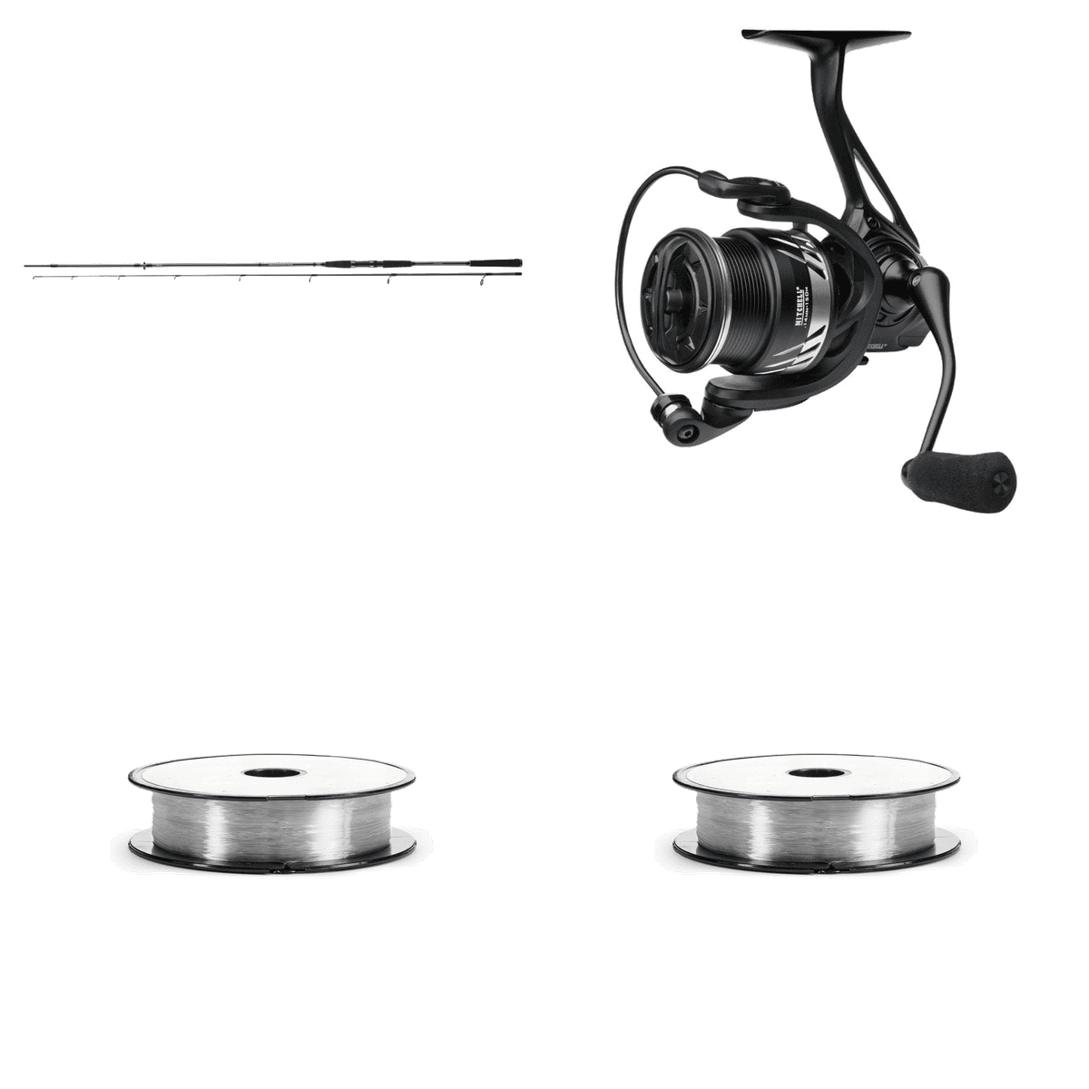 Angelrute, Stationärrolle, Angelschnur, schwarz-silber, Angelset