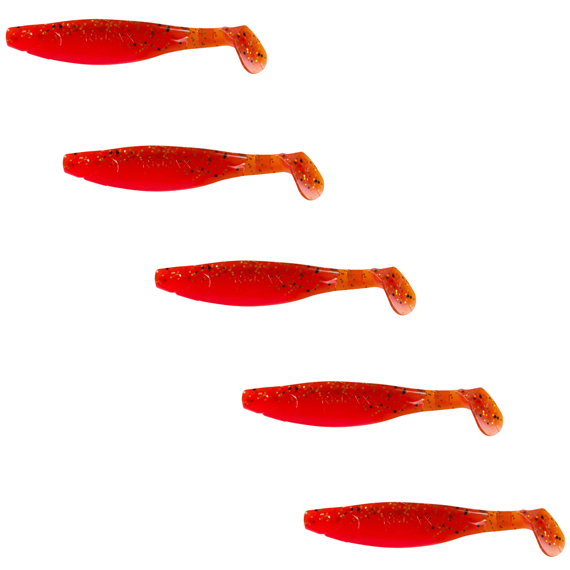 Relax Kopyto River 13cm (5") Feuerrot / Rootbeer Glitter 5 Stück – Bild 2, softes Kunststoffreizeit, rote mit orangeem Schwanz, Angellure, Swimbait, Jig-Lure