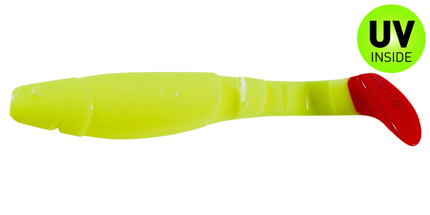 SX Relax Kopyto Classic 11cm (4") Fluogelb / Red Tail 10 Stück, Gummifisch, Köder, Softbait, Neon grün, Rotschwanz