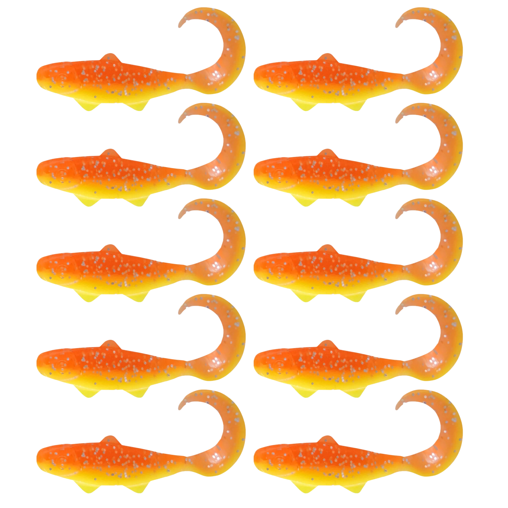 SX Relax Banjo Twister 3,5cm (1") Fluogelb Orange-Silber Glitter 10 Stück – Bild 2, Gummifisch, Köder, Orange, Gelb, Muster