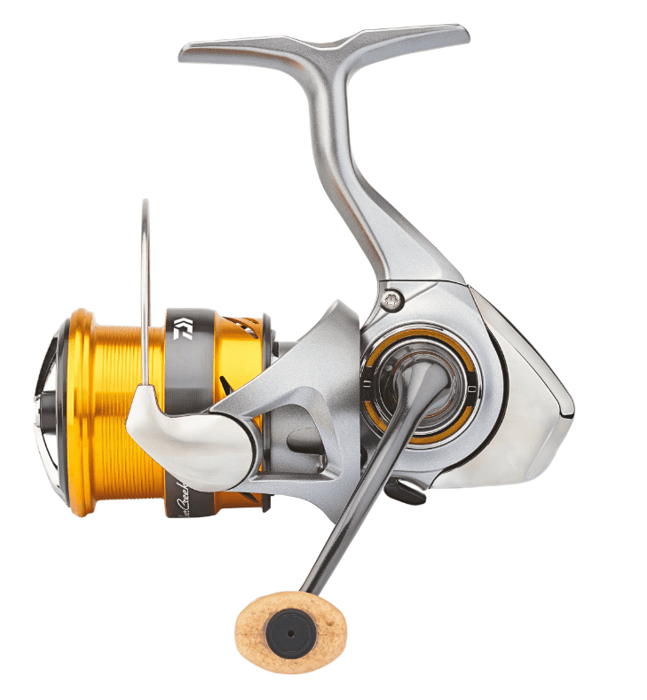 Daiwa 26 Silver Creek X LT 2000S-XH, Angelrolle, silberfarbenes Gehäuse, orange Spule, Korkgriff, Frontbremse