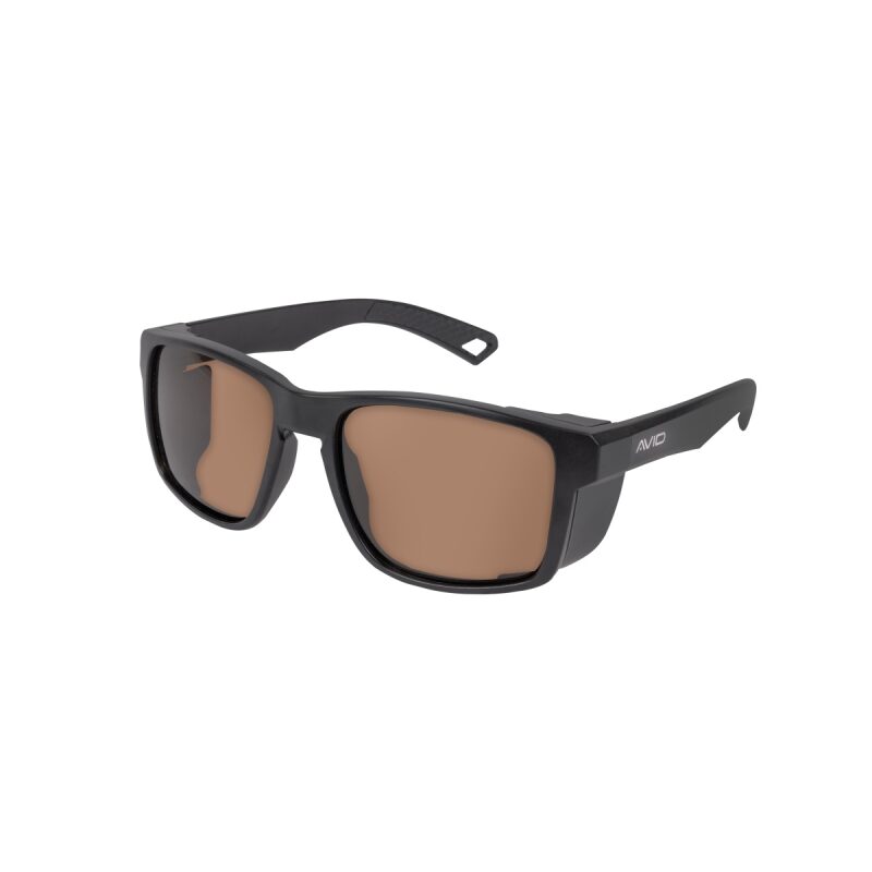 Sonnenbrille, Braune Gläser, Schwarze Rahmen, Wraparound-Design, Avid Logo